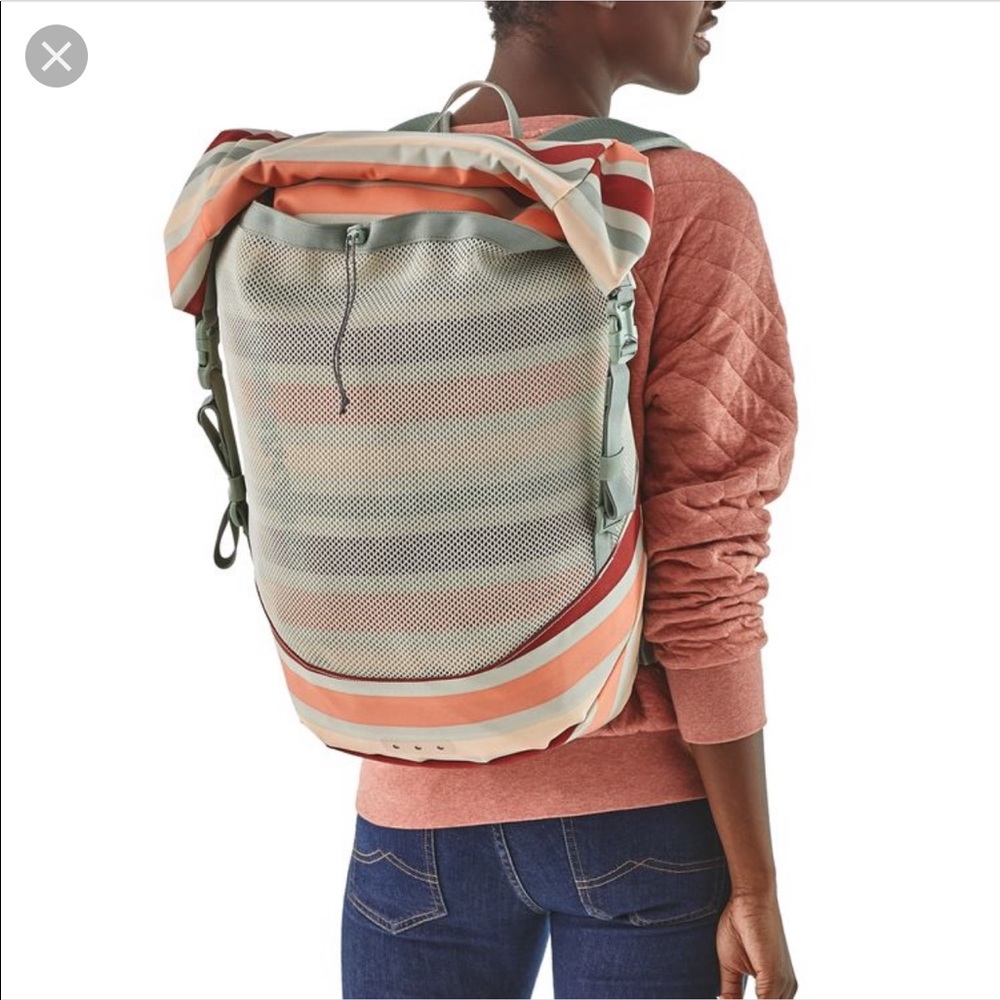 Patagonia Striped Roll-Top Backpack in Coral, Mint, Cream, and Sand